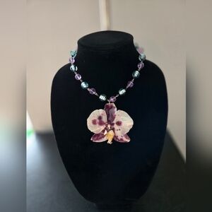 Floral Orchid Necklace with Purple and Silver Beads